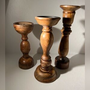 Set of 3 Handcrafted Wooden Candle Holders – Made in India – Rustic Decor
